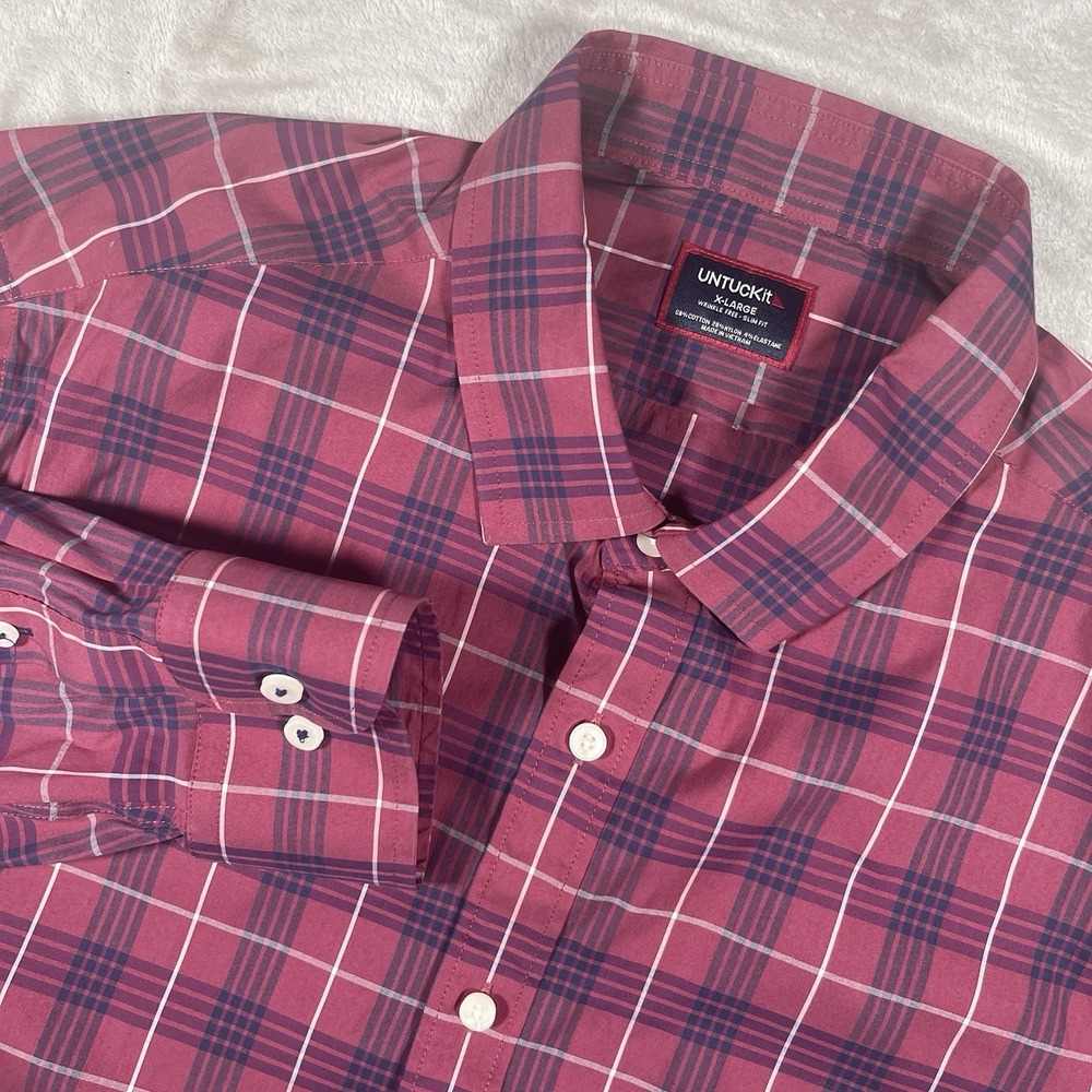 Untuckit‎ Lancaster Rhododendron Slim Fit Burgundy Plaid Button Up Men's XL